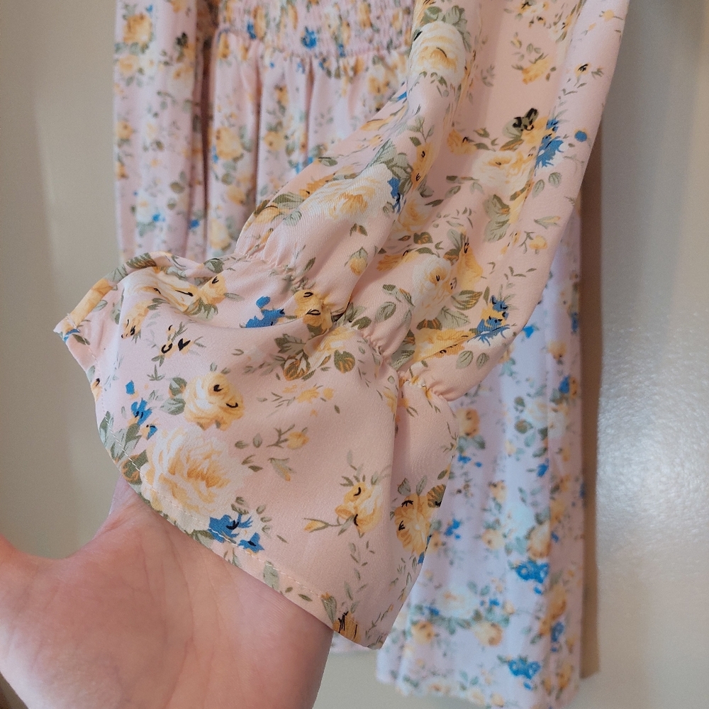 SHEIN Floral Smocked Puff Sleeve Mini Dress XL Light Pink Boho Square Neck - Picture 4 of 8